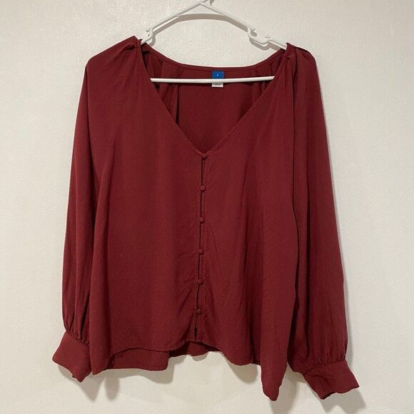 Old Navy Women’s Large Burgundy Button Front Blouse Long Sleeve V-Neck - Picture 1 of 4